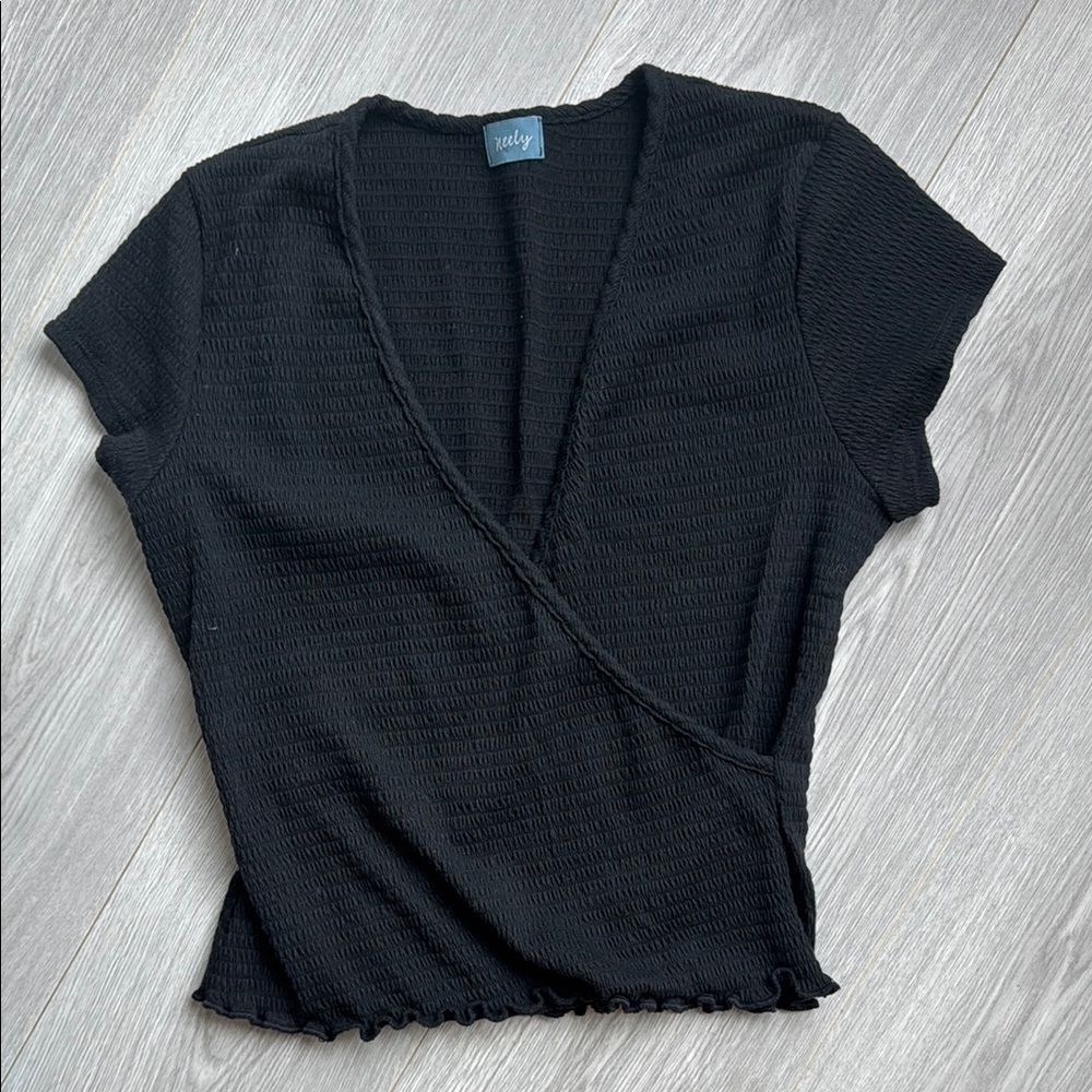 Neely Black Ribbed Wrap Blouse